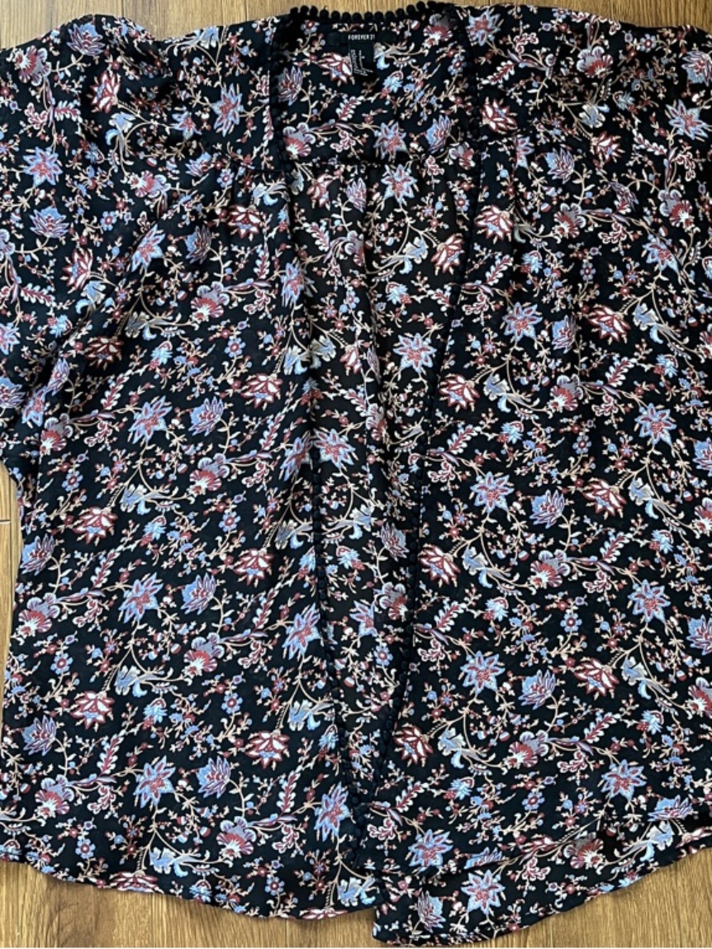 Forever 21 Black Floral Open-Front Kimono with Pom Trim